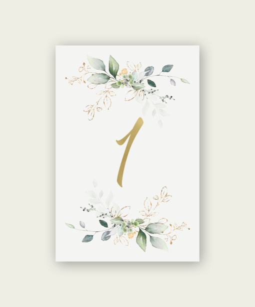 Table numbers with watercolor and gold foil